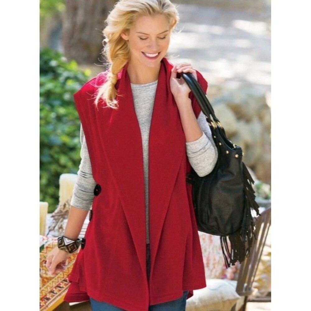 Soft Surroundings Red Jacquard Mesa Black Button Vest XS Lagenlook Made in USA - Picture 7 of 11